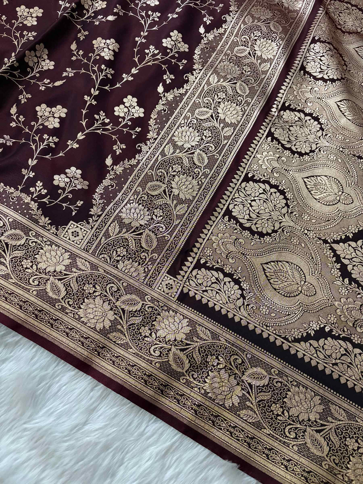 Dark Brown Satin Silk Banarasi Saree Floral Jaal
