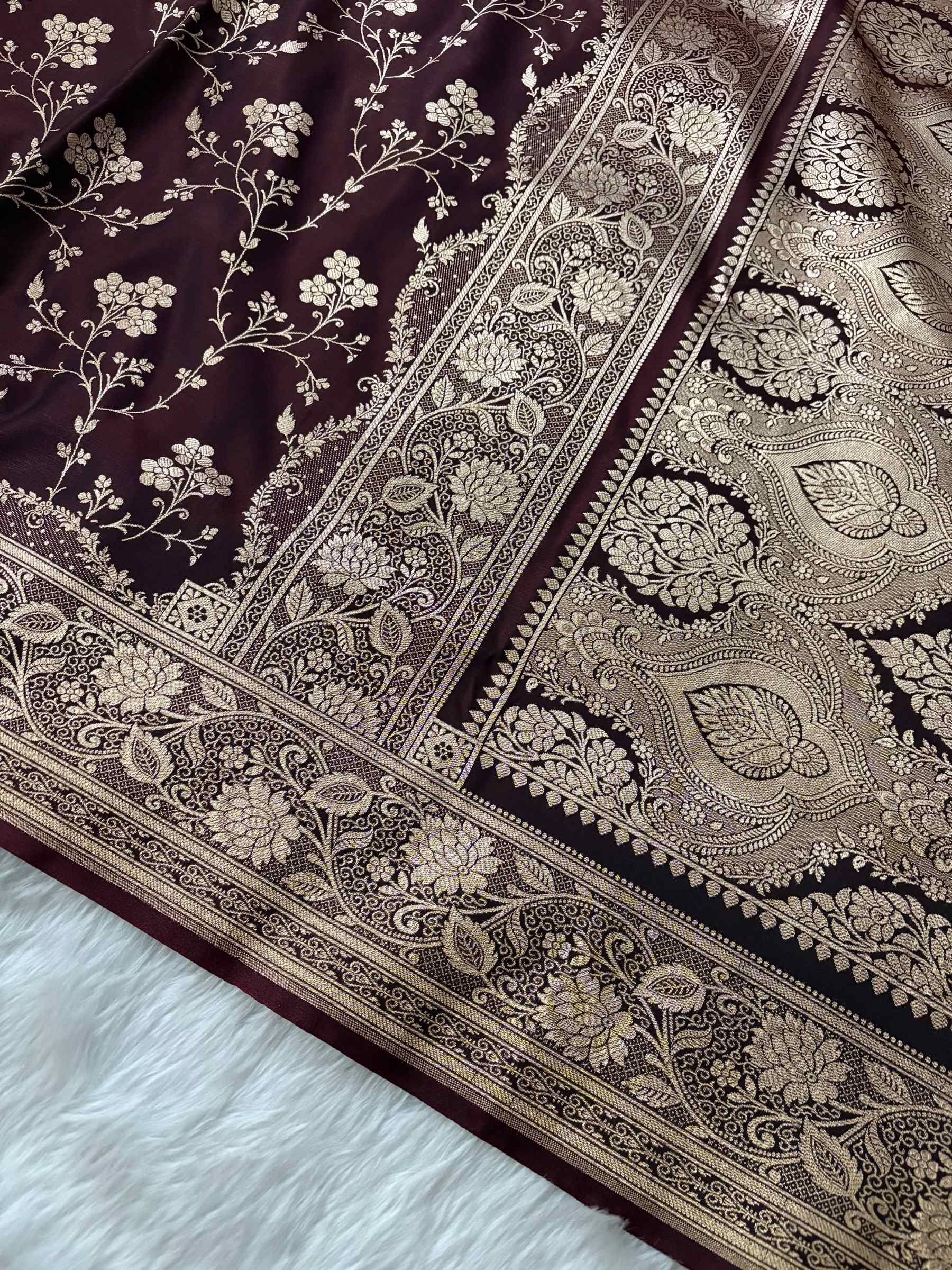 Dark Brown Satin Silk Banarasi Saree Floral Jaal