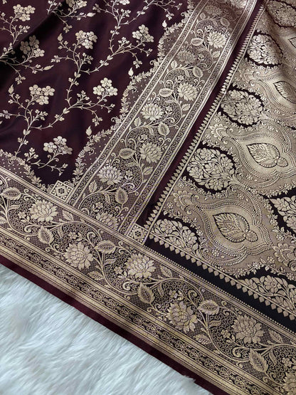 Dark Brown Satin Silk Banarasi Saree Floral Jaal