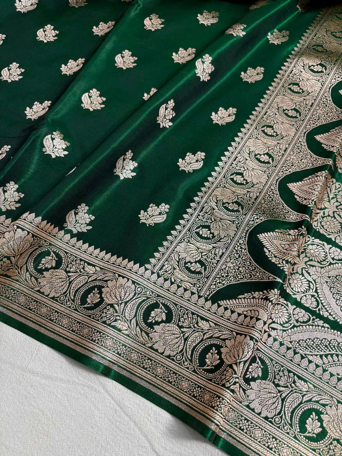 Botel Green Satin Silk Motif Banarasi Saree