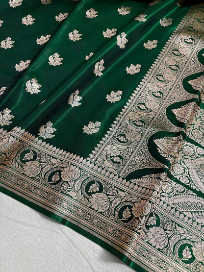 Botel Green Satin Silk Motif Banarasi Saree