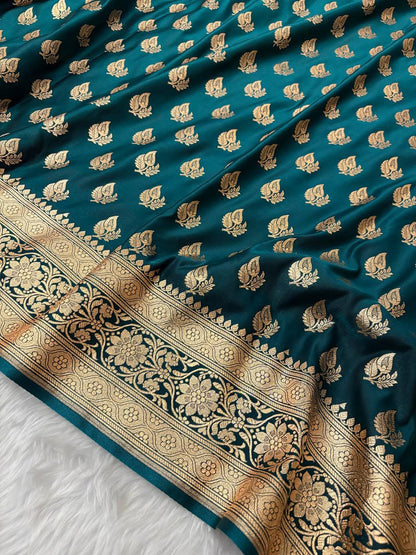 Ocean Blue Satin Silk Banarasi Saree