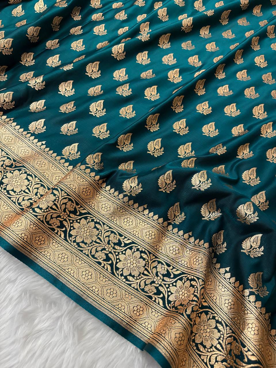 Ocean Blue Satin Silk Banarasi Saree
