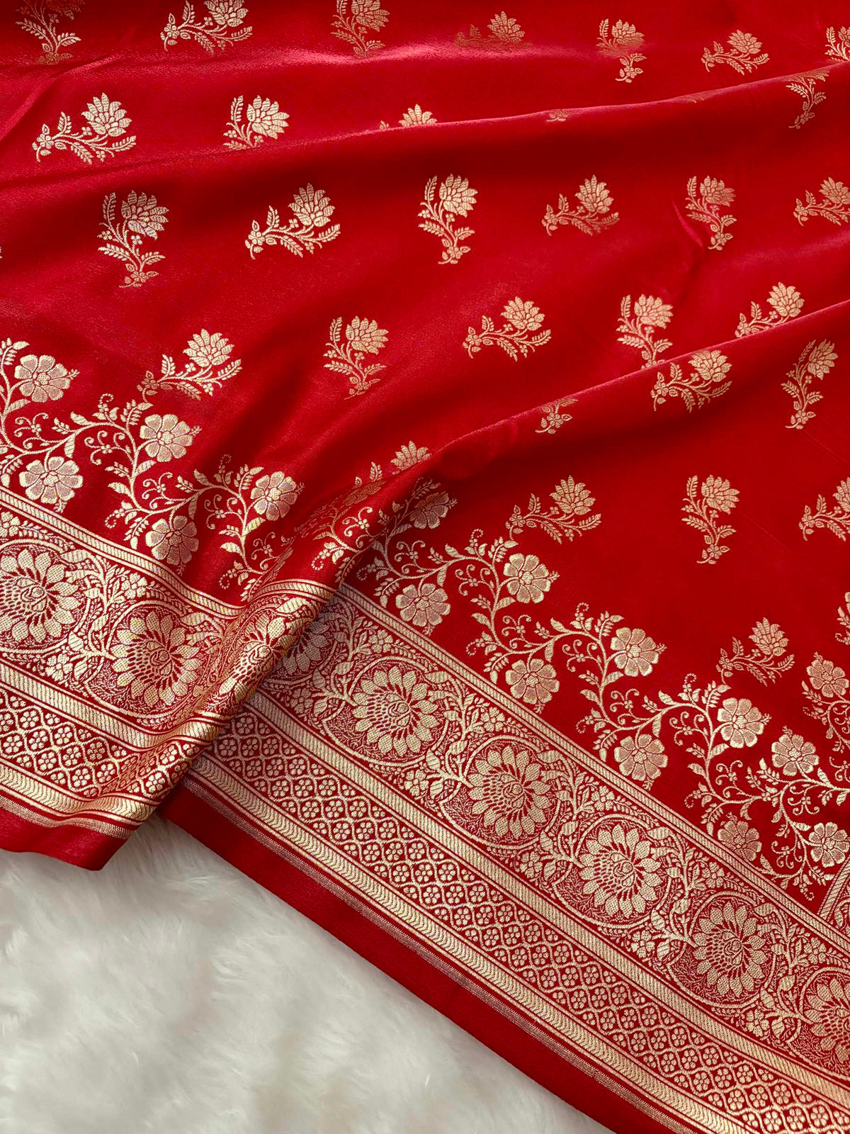 Red with Golden Zari Work and Rose Buti Design Satin Silk Banarasi Saree