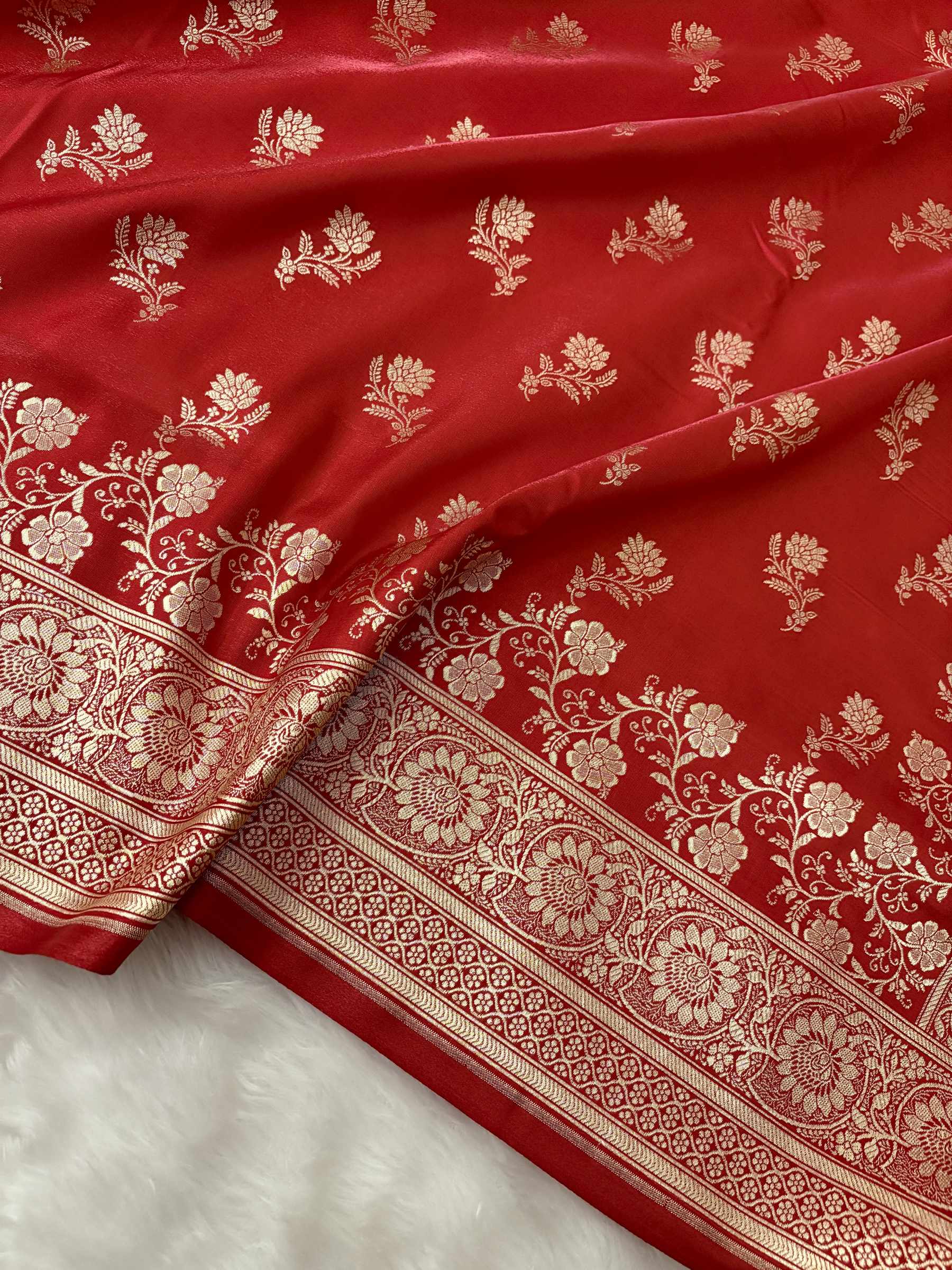 Red with Golden Zari Work and Rose Buti Design Satin Silk Banarasi Saree