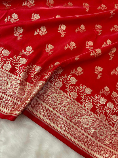 Red with Golden Zari Work and Rose Buti Design Satin Silk Banarasi Saree