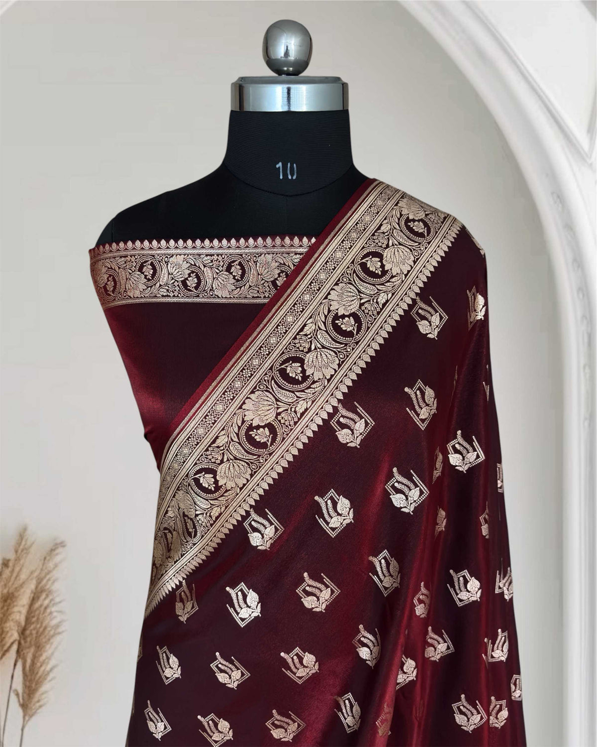 Dark Maroon Satin Silk Saree Banarasi Motif