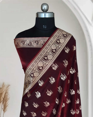 Dark Maroon Satin Silk Saree Banarasi Motif