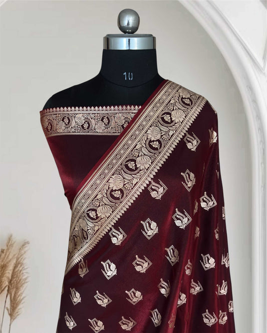 Dark Maroon Satin Silk Saree Banarasi Motif
