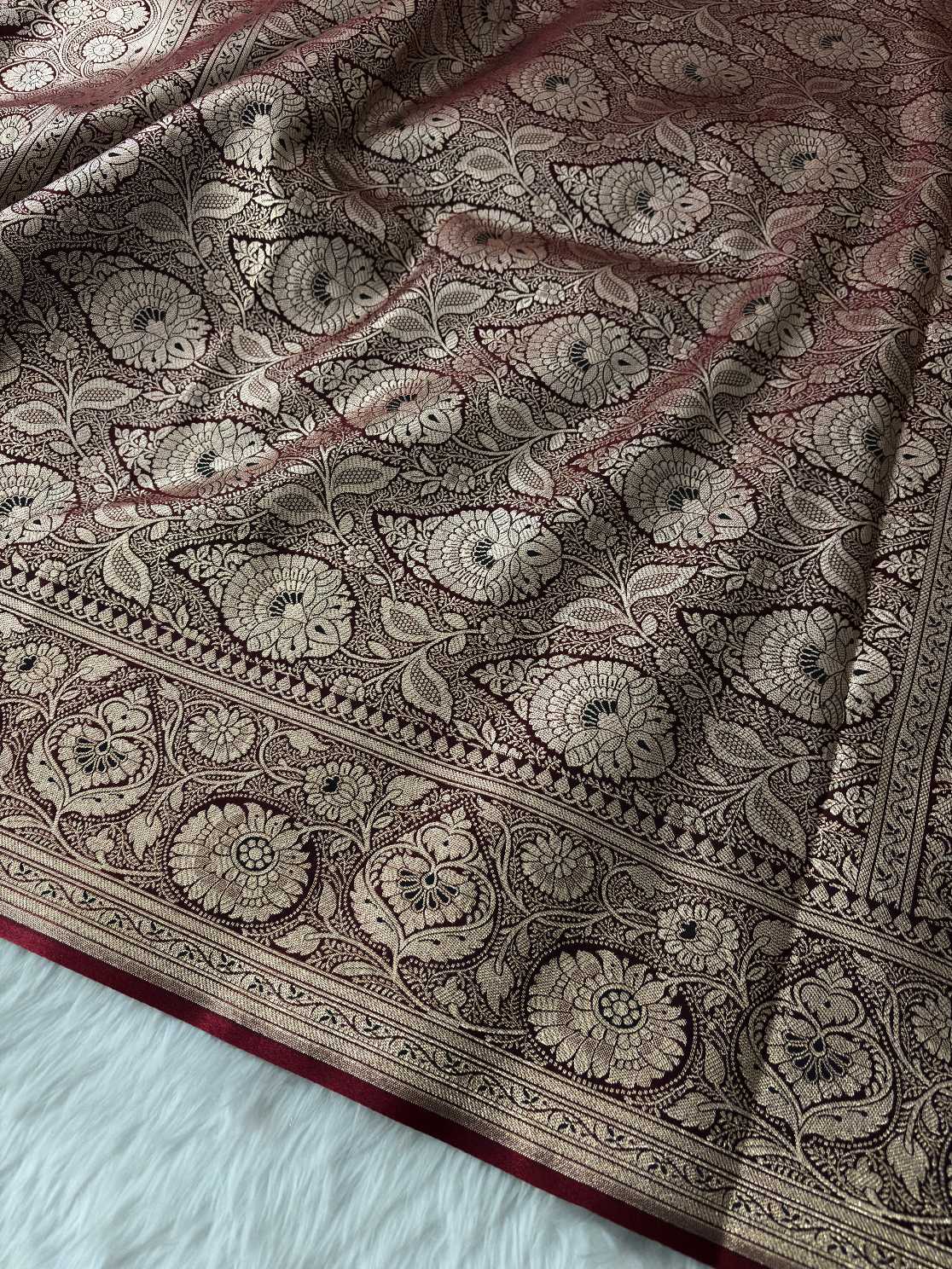 Dark Maroon Satin Silk Banarasi Fancy Motif Saree