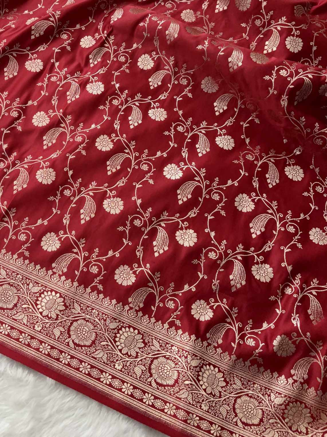 Red Kataan Satin Silk Banarasi Saree Bridal Jaal