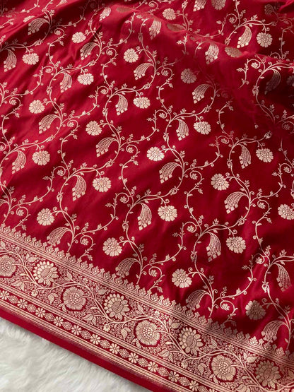 Red Kataan Satin Silk Banarasi Saree Bridal Jaal
