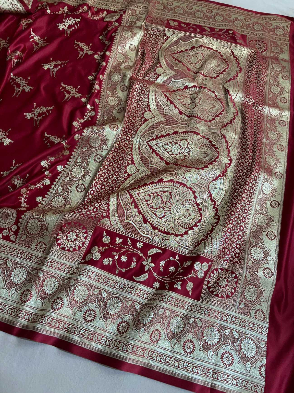 Maroon Soft Kataan Silk Banarasi Saree Light Gold Work