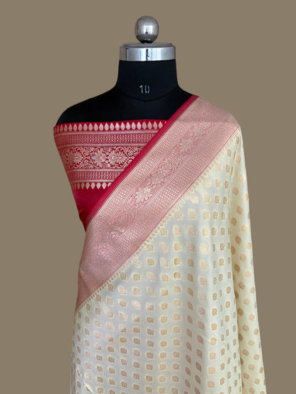 Red & Cream Satin Silk Banarasi Saree