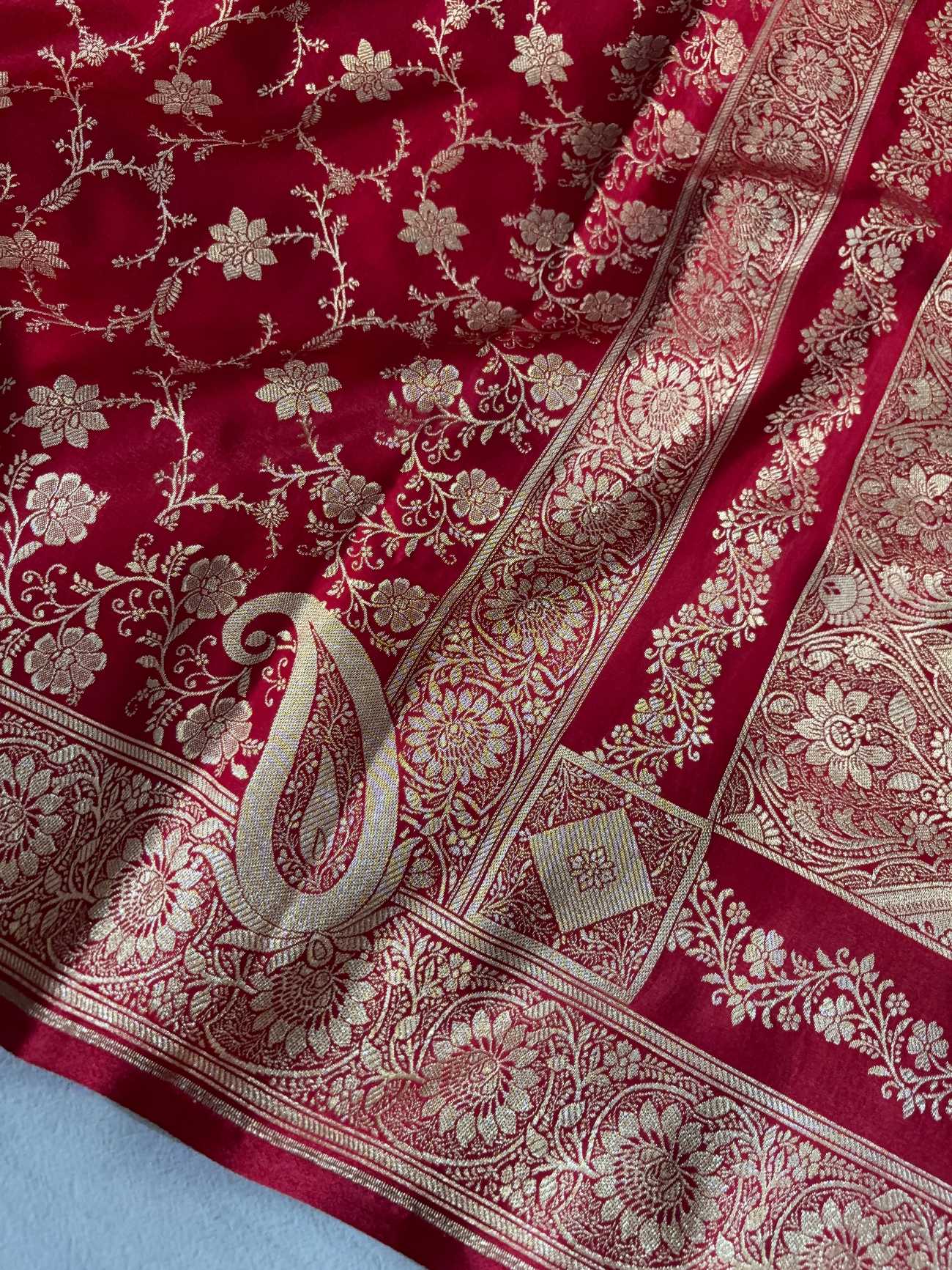 Red Satin Silk Banarasi Saree Floral Swarna Latika Jaal