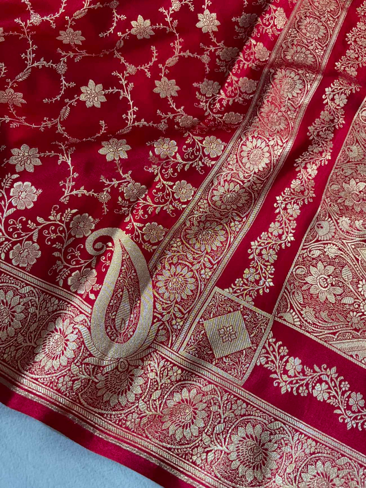 Red Satin Silk Banarasi Saree Floral Swarna Latika Jaal