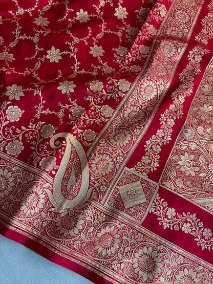 Red Satin Silk Banarasi Saree Floral Swarna Latika Jaal