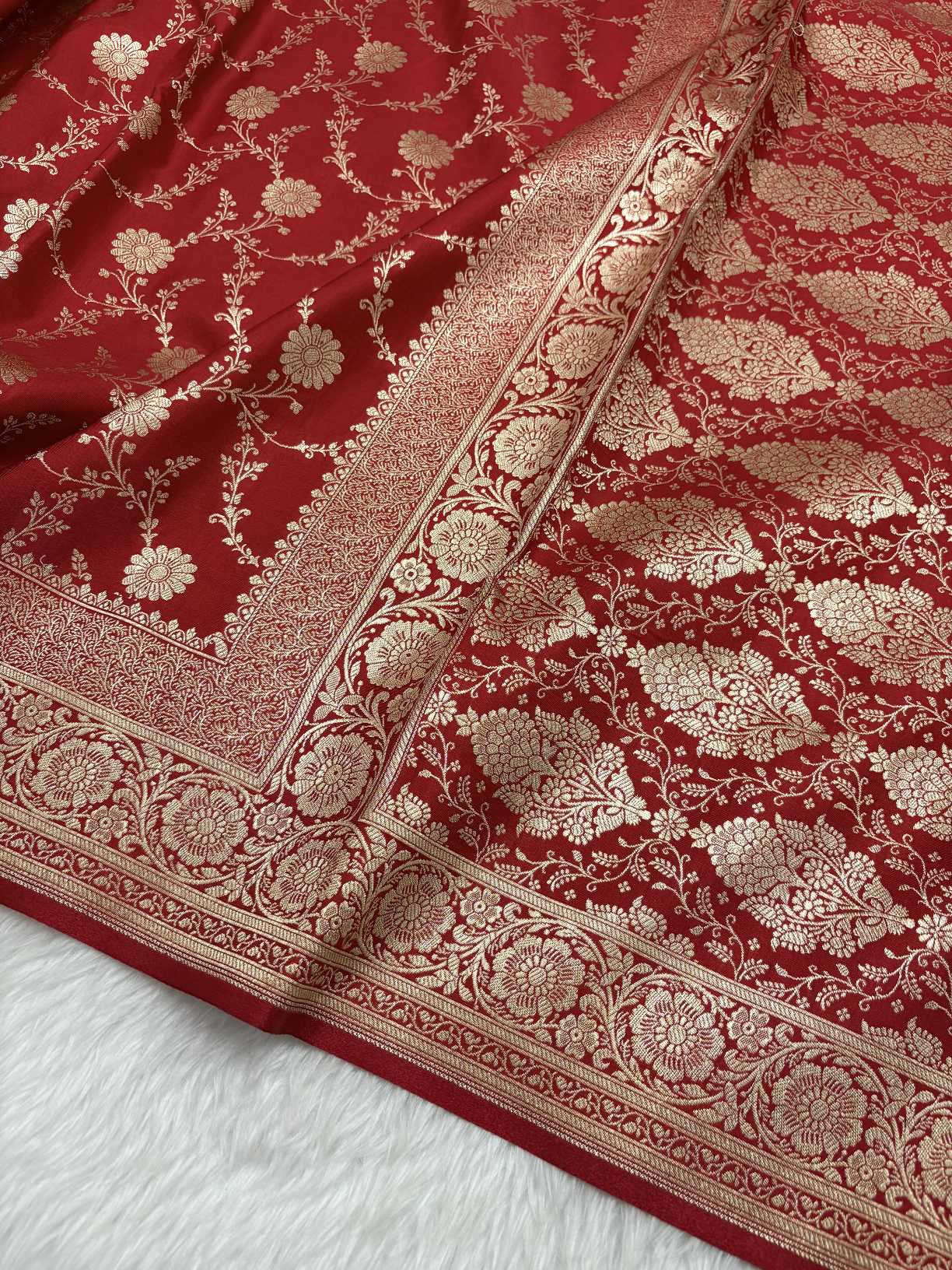 Red Satin Silk Banarasi Saree with Golden Zari Floral Bel Jaal