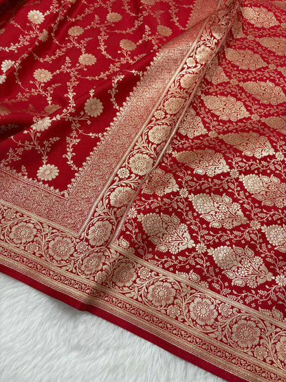Red Satin Silk Banarasi Saree with Golden Zari Floral Bel Jaal