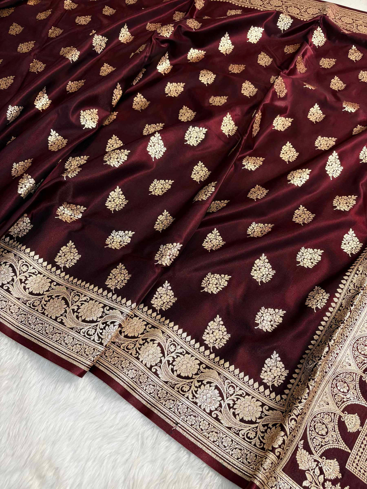 Dark Maroon Shaded New Motif Satin Silk Banarasi Saree