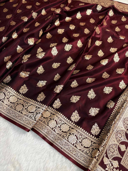 Dark Maroon Shaded New Motif Satin Silk Banarasi Saree