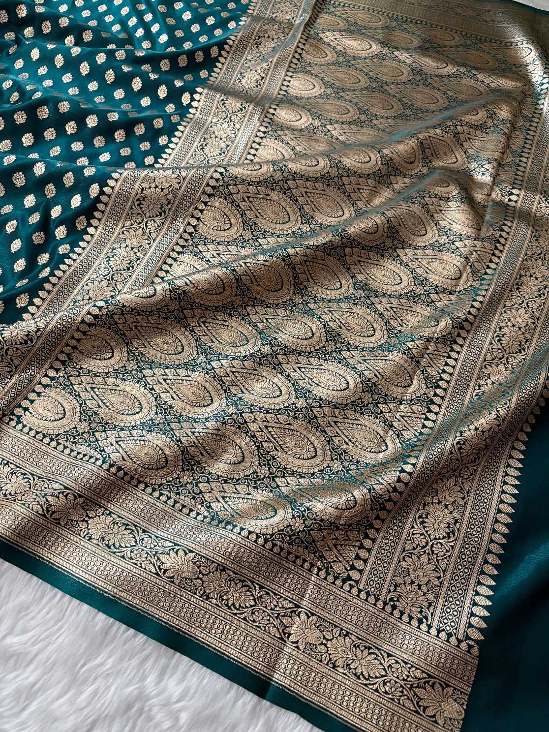 Teal Green Satin Silk Banarasi Motif Saree