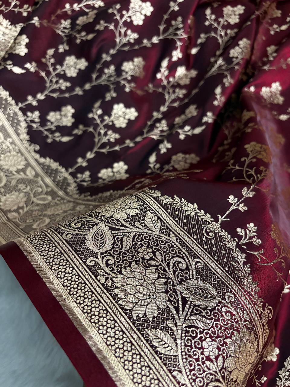 Dark Maroon Satin Silk Banarasi Saree with Jaal Pattern