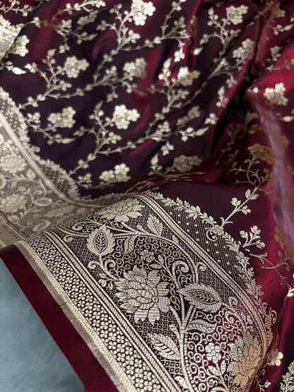 Dark Maroon Satin Silk Banarasi Saree with Jaal Pattern