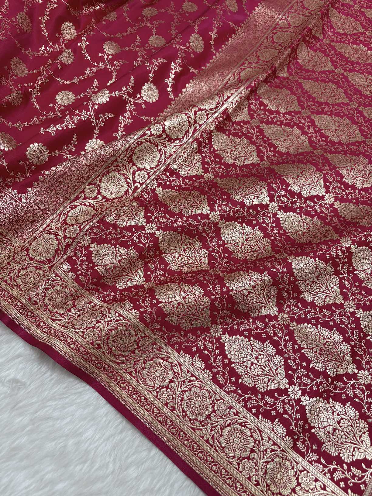 Rani Pink Satin Silk Banarasi Saree with Golden Zari Floral Bel Jaal