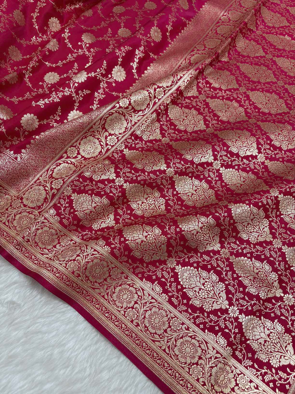Rani Pink Satin Silk Banarasi Saree with Golden Zari Floral Bel Jaal