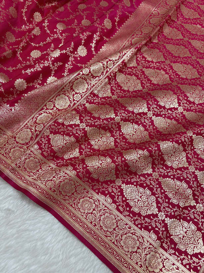 Rani Pink Satin Silk Banarasi Saree with Golden Zari Floral Bel Jaal