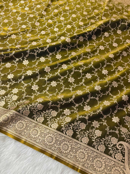 Mehdi Green Satin Silk Banarasi Saree Floral Swarna Latika Jaal