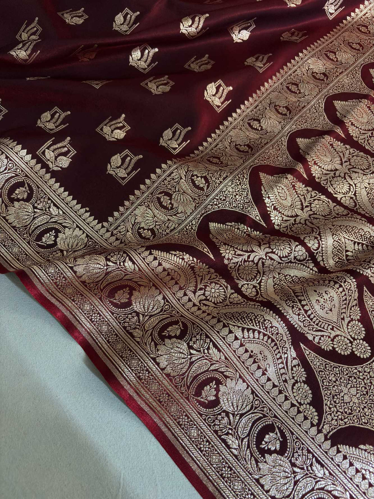 Dark Maroon Satin Silk Saree Banarasi Motif