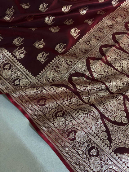 Dark Maroon Satin Silk Saree Banarasi Motif