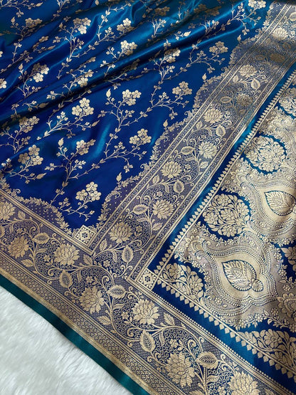 Blue with Green Shaded Dual Tone Satin Silk Banarasi Saree with Jaal Pattern