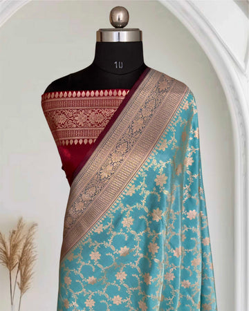 Light Firozi & Maroon Satin Silk Banarasi Saree Jaal Pttern