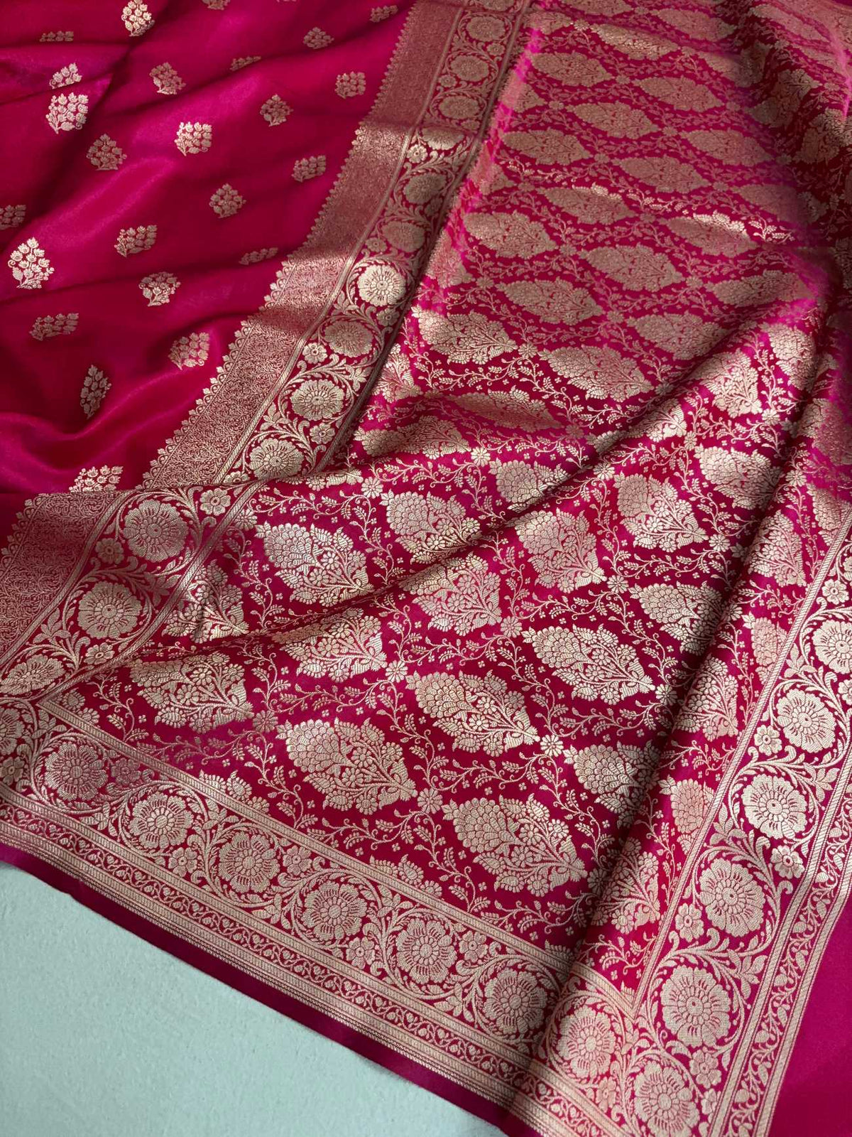 Rani Pink Satin Silk Saree Banarasi Motif