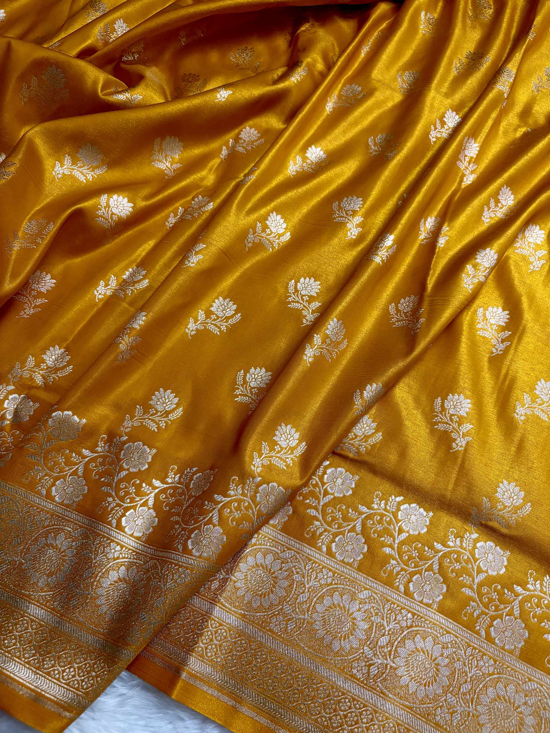Haldi with Golden Zari Work and Rose Buti Design Satin Silk Banarasi Saree