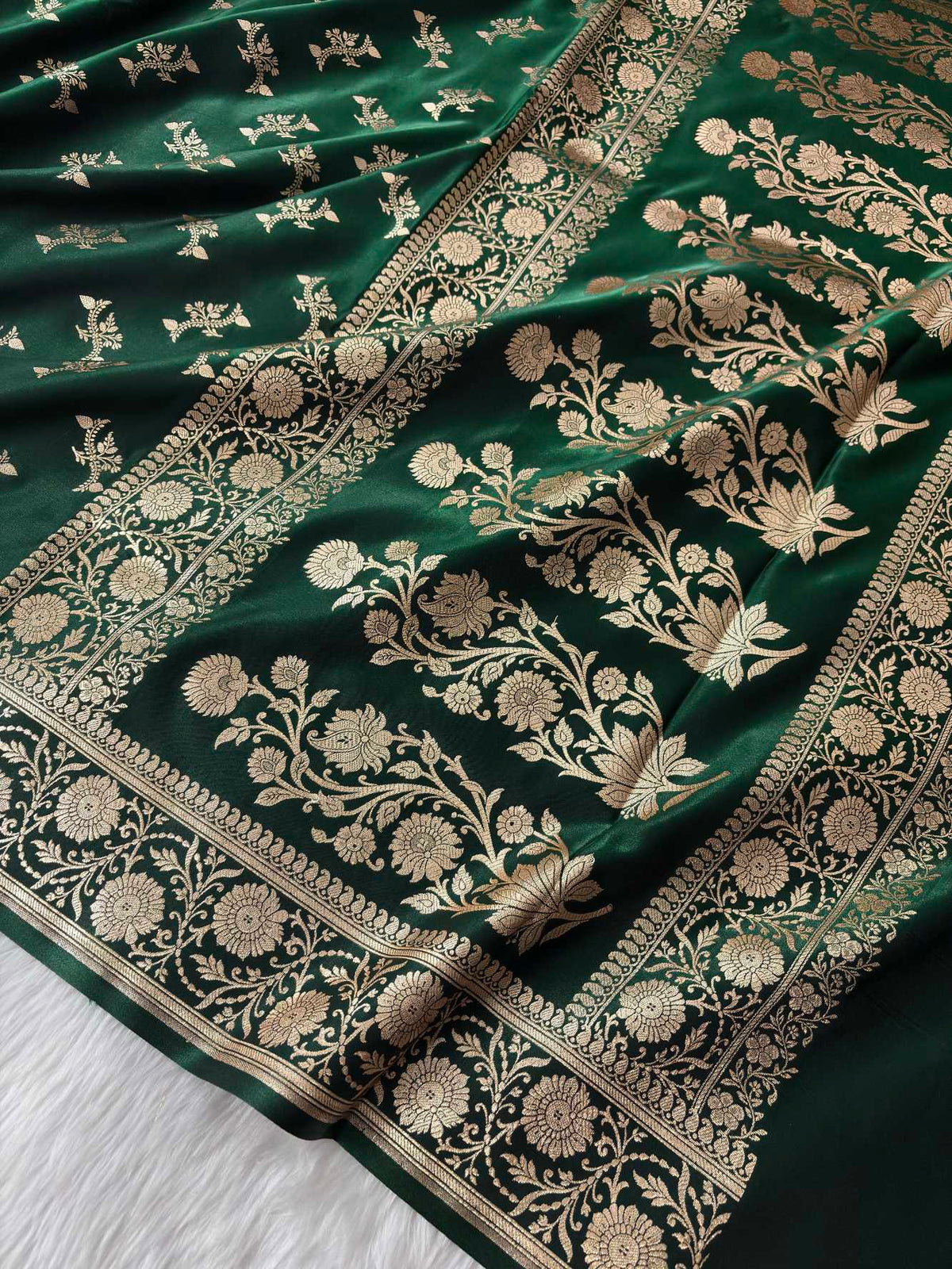 Dark Green Satin Silk Banarasi Fancy Motif Saree