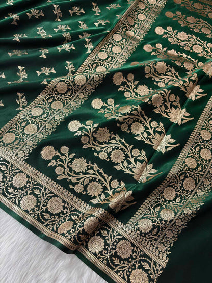 Dark Green Satin Silk Banarasi Fancy Motif Saree