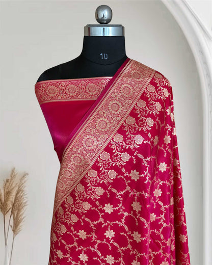 Rani Pink Satin Silk Banarasi Saree Floral Swarna Latika Jaal