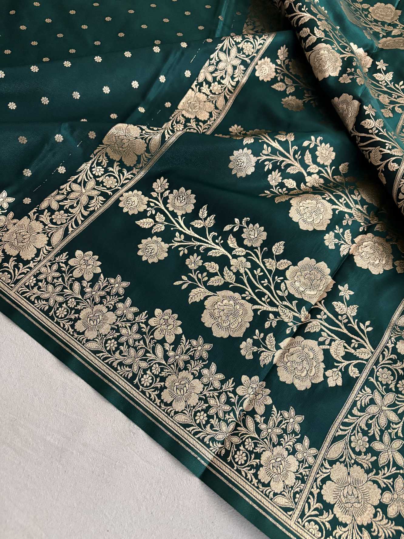 Teal Green Satin Silk Saree Banarasi Motif