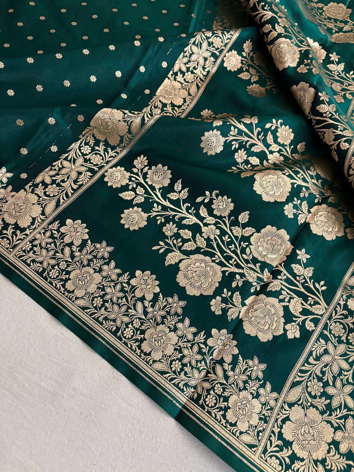 Teal Green Satin Silk Saree Banarasi Motif