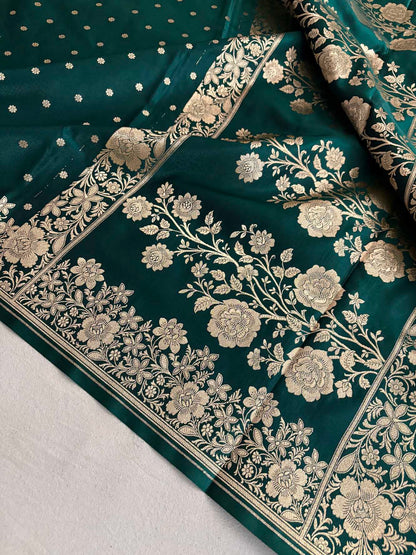 Teal Green Satin Silk Saree Banarasi Motif