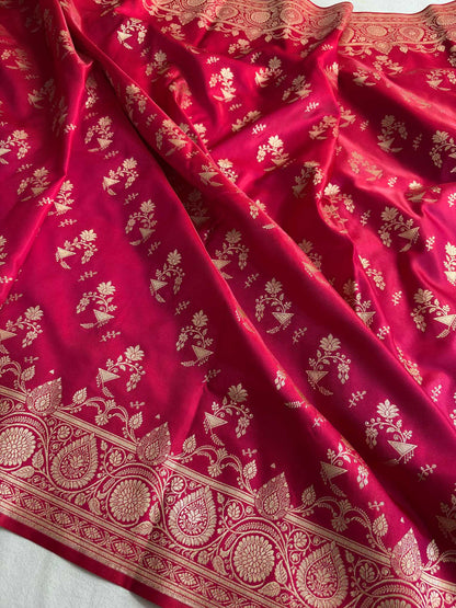 Rani Pink Fancy Motif Satin Silk Banarasi Saree
