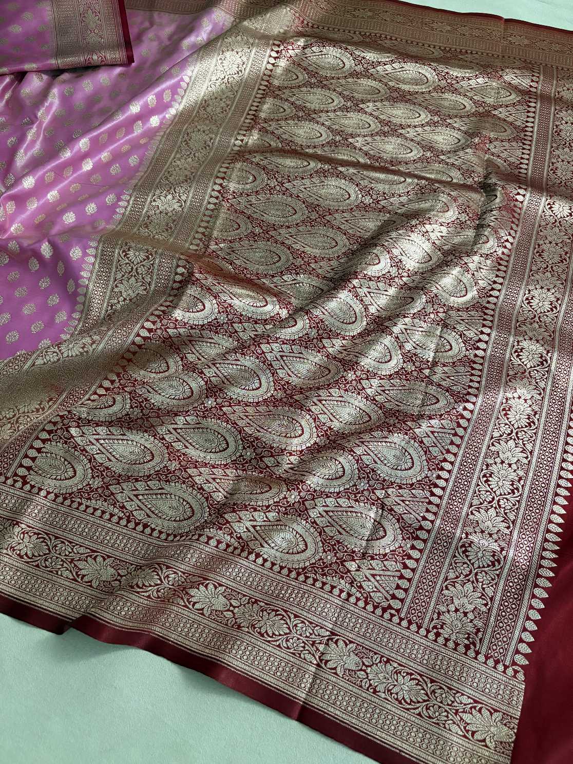 Pink & Maroon Motif Satin Silk Banarasi Saree