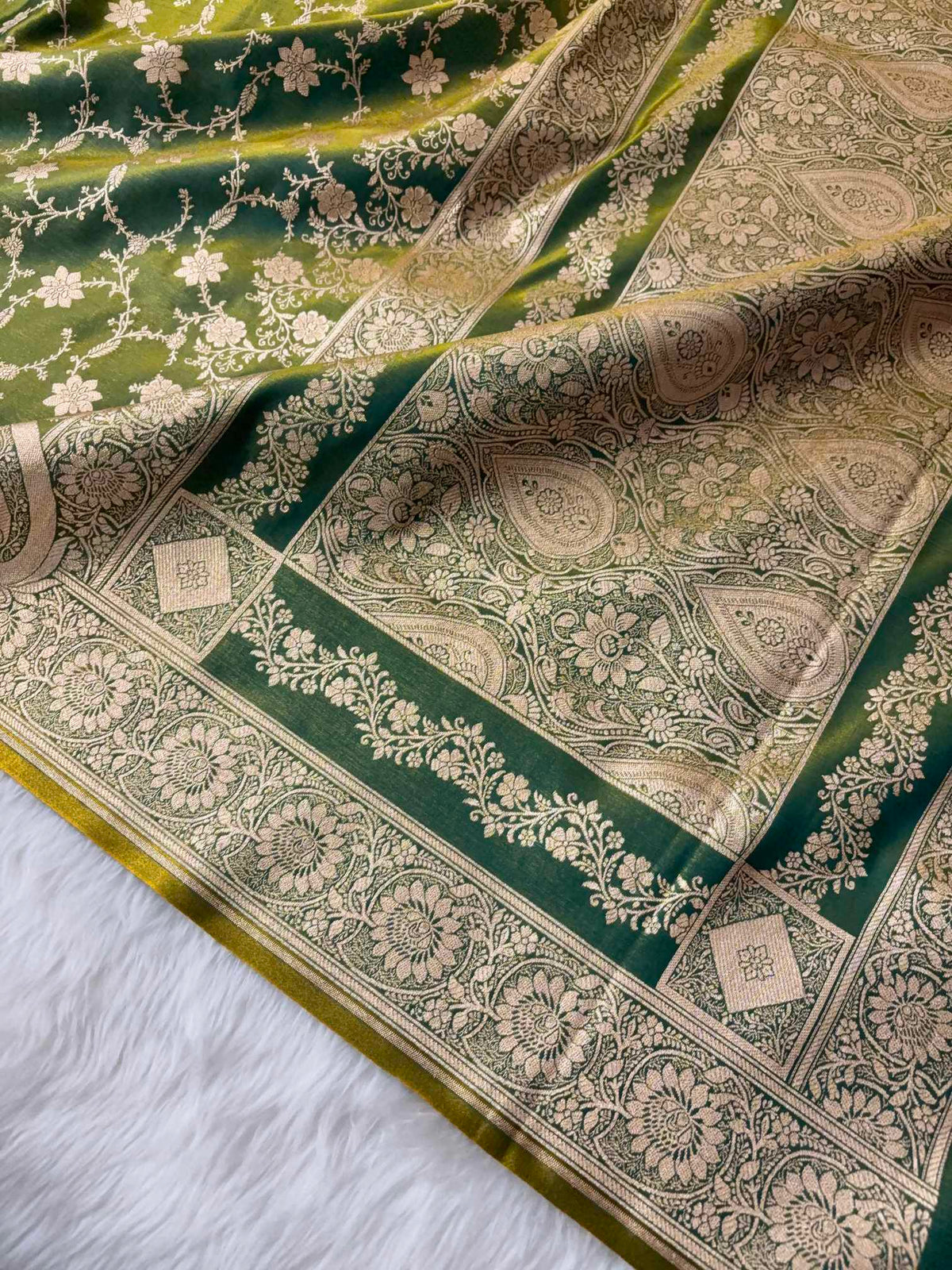 Mongiya Green Satin Silk Banarasi Saree Floral Swarna Latika Jaal