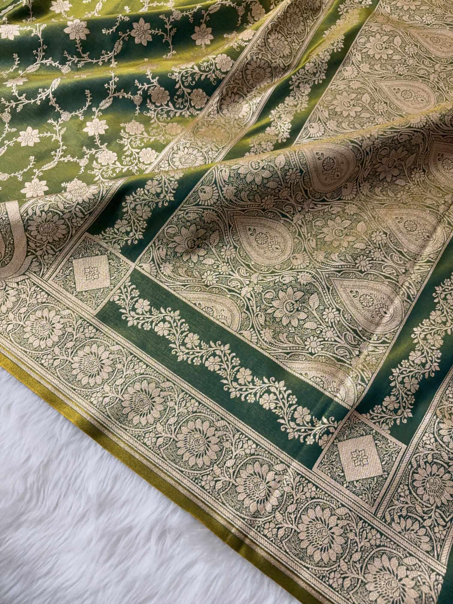 Mongiya Green Satin Silk Banarasi Saree Floral Swarna Latika Jaal