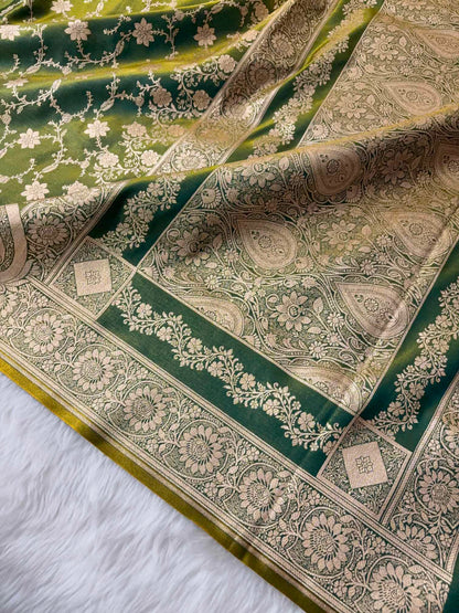 Mongiya Green Satin Silk Banarasi Saree Floral Swarna Latika Jaal