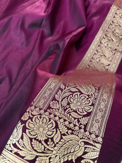 Wine Satin Silk Banarasi Saree – Light Golden Zari Buti Work